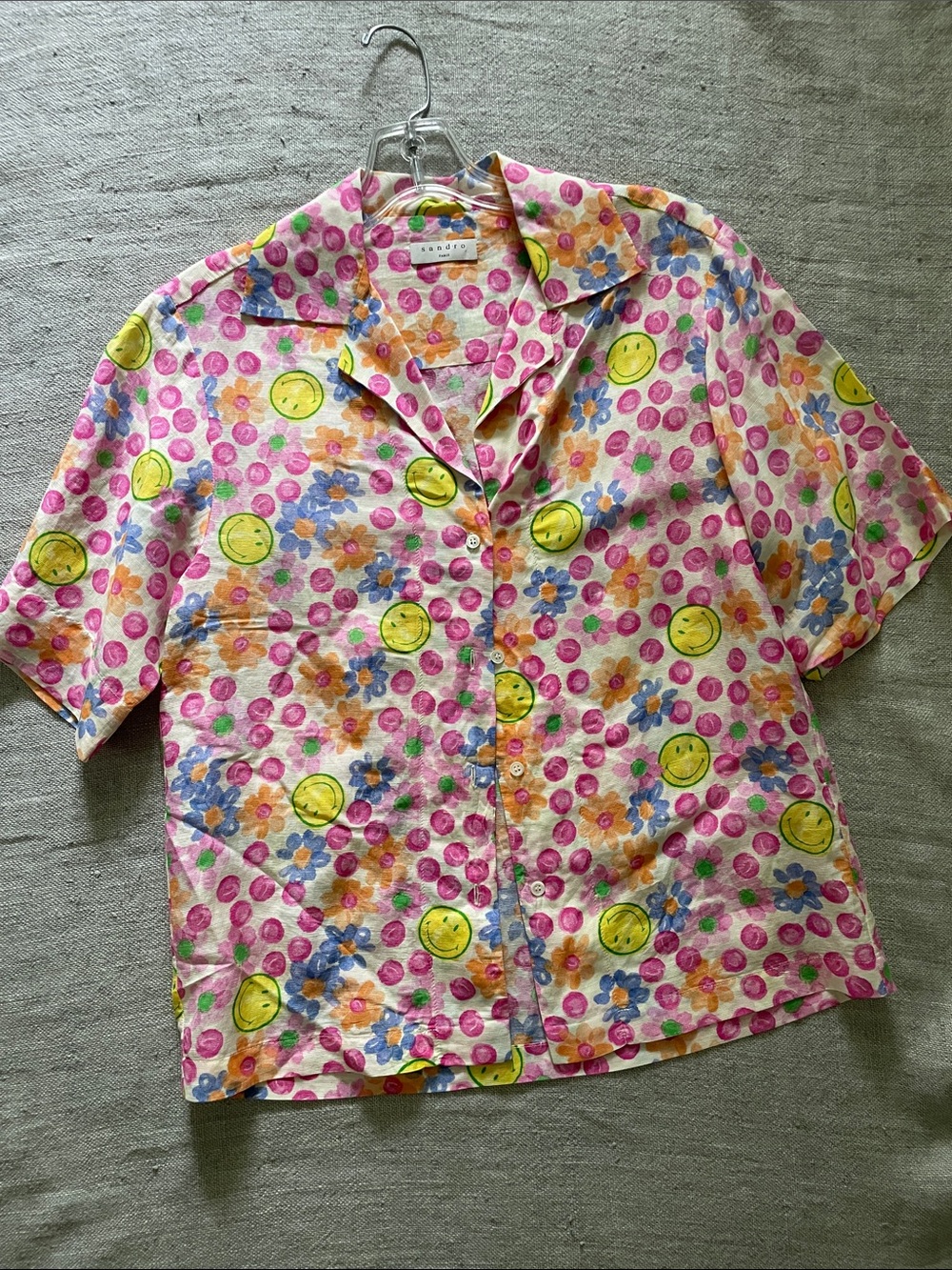 Sandro Smiley Face Floral Button-Up Shirt in Pink